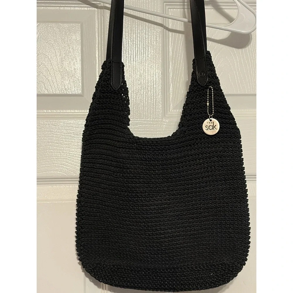The SAK Bag Black Shoulder Bag Crochet Knit Purse Woven Hobo Handbag